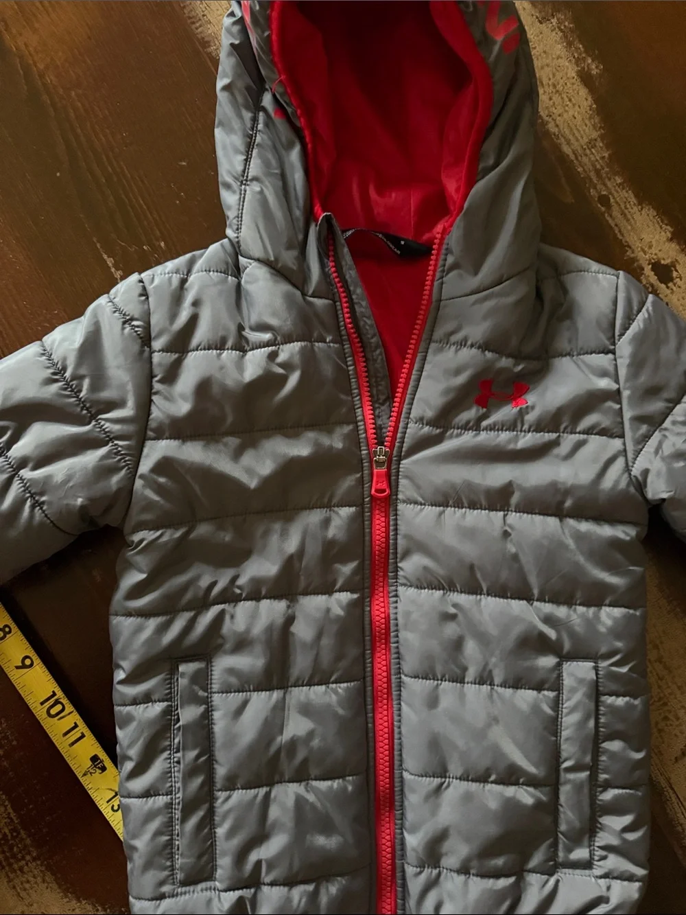 Under Armour Kids Gray Puffer Jacket with Red Lining EUC